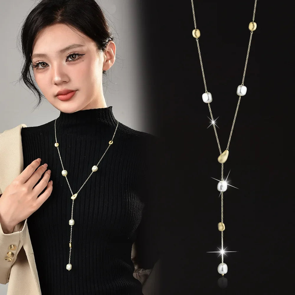 2026 New Baroque Brushed Pearl Long Necklace for Women Y-shape Sweater Chain Collares Para Mujer