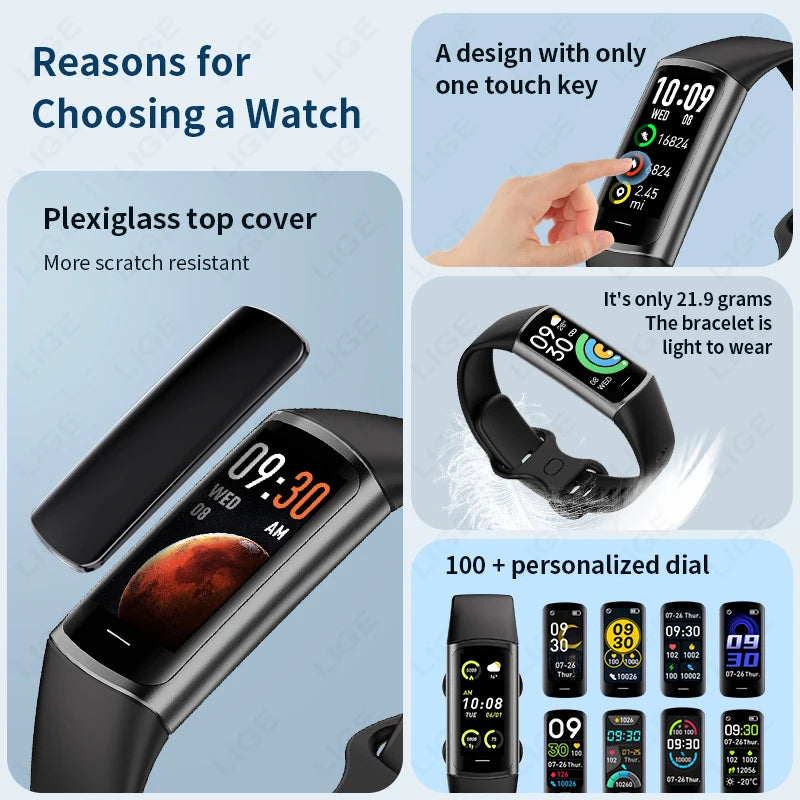 Smartwatch LIGE, Rastreador de actividad deportiva, Reloj inteligente para hombres y mujeres con monitor de frecuencia cardíaca, oxígeno en sangre y sueño, Pulsera inteligente impermeable