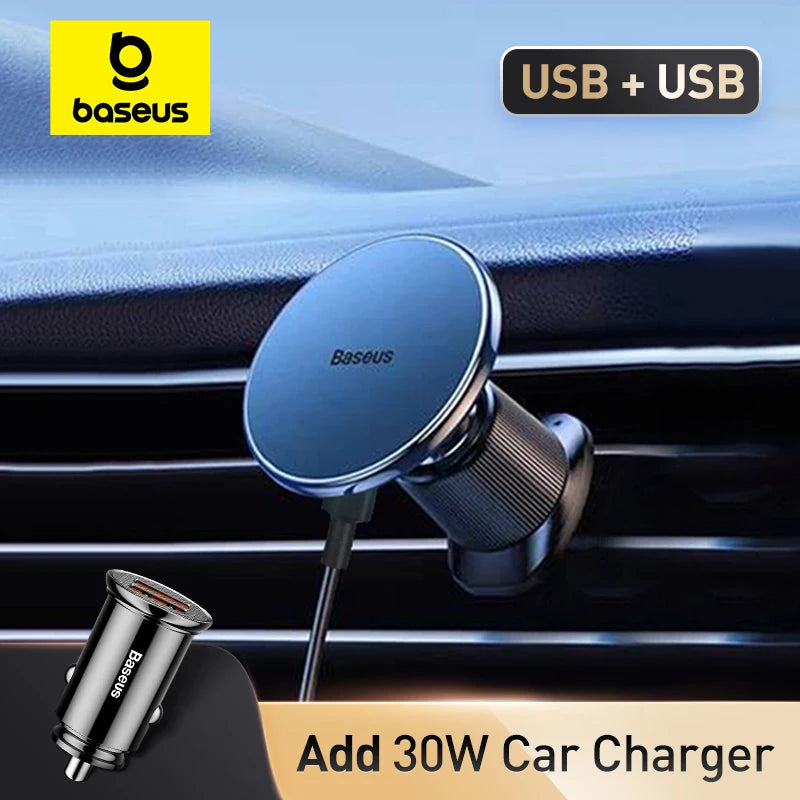 Soporte de carga inalámbrica magnético Baseus de 15W de carga rápida para teléfono de coche, cargador inalámbrico para coche para iPhone 16 15 14 13
