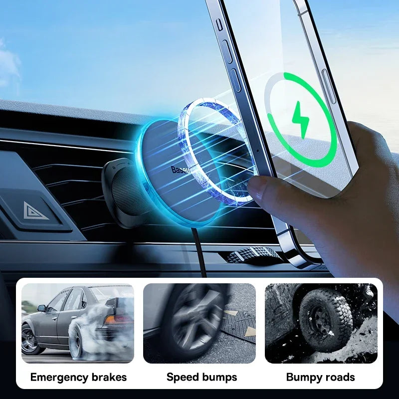 Soporte de carga inalámbrica magnético Baseus de 15W de carga rápida para teléfono de coche, cargador inalámbrico para coche para iPhone 16 15 14 13