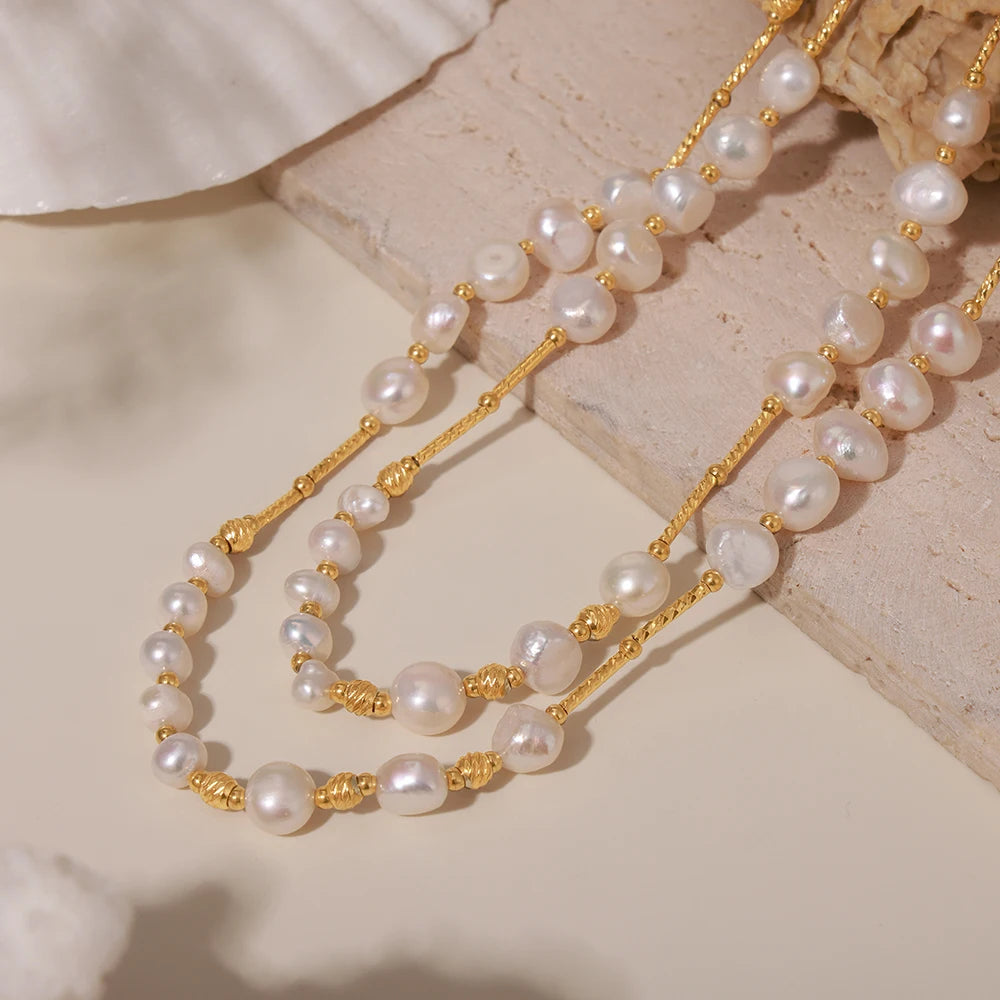 Luxury Freshwater Pearl Necklace for Women Stainless Steel Clavicle Long Chain Sweater Link Charm Banquet Jewelry Gift