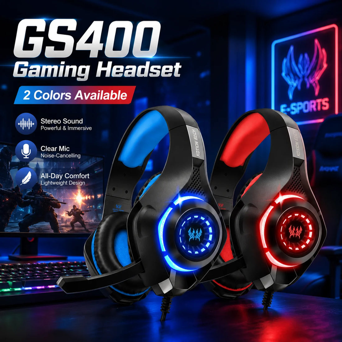 Auriculares de diadema para gaming con micrófono GS400, LED, para PC, PS4, PS5, Xbox, Switch, portátil, móvil