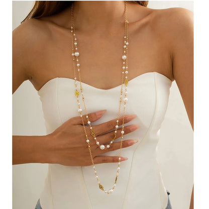 New Stainless Steel Pearls Long with Baroque Pearls Necklace for Women Adjustable Chain Sweater Accessories Fashion Jewelry