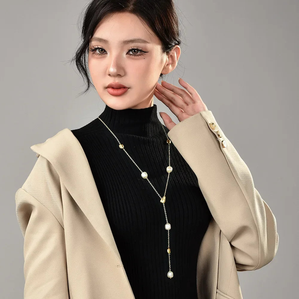 2026 New Baroque Brushed Pearl Long Necklace for Women Y-shape Sweater Chain Collares Para Mujer