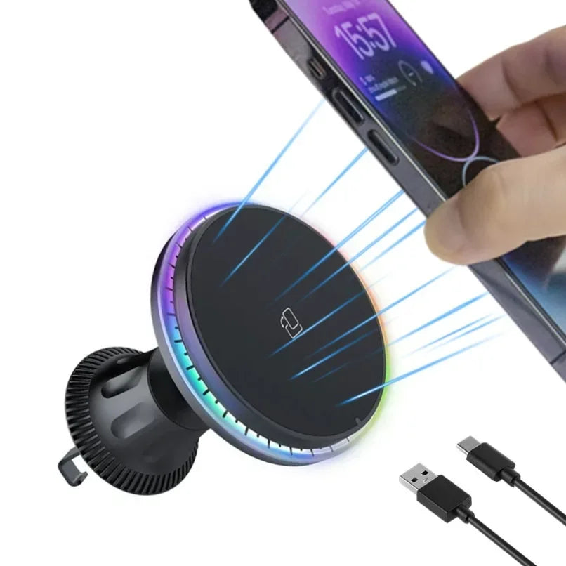 Magnetic Car Wireless Charger RGB For iPhone 13 14 15 16 17 Pro Max Macsafe Car Phone Holder Stand Mount Fast Charging Station